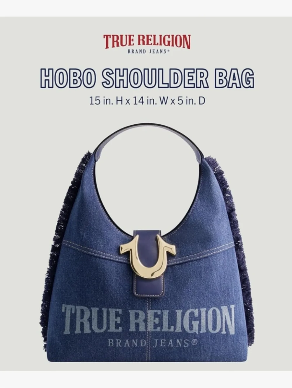 True Religion Dark Denim Hobo Bag – Gold Horseshoe Hardware – NWT